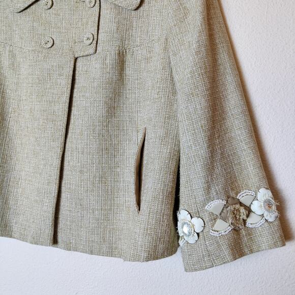 Rebecca Taylor Tweed Cropped Beaded Jeweled Blazer Beige 4 Preppy Old Money - Picture 5 of 13